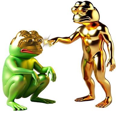 A golden humanoid frog character touching a green frog turning him gold.